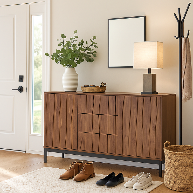 Buffet effet chêne foncé grainé vintage 3D ondulé 3 tiroirs 150*40cm NAKIX