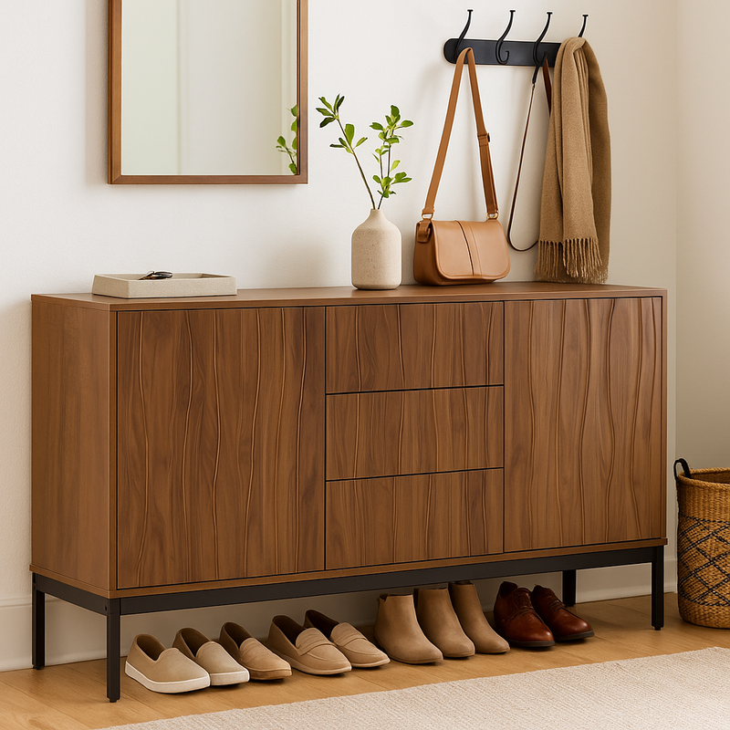 Buffet effet chêne foncé grainé vintage 3D ondulé 3 tiroirs 150*40cm NAKIX