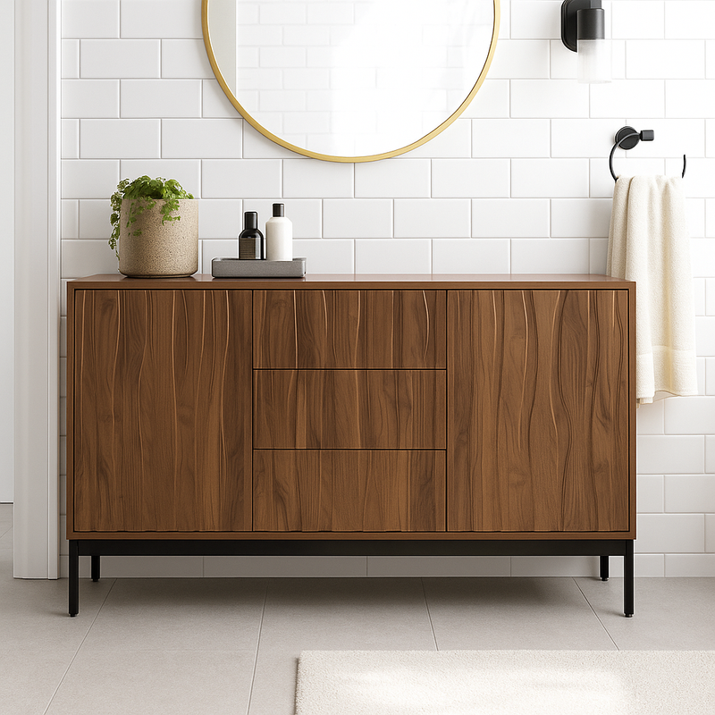 Buffet effet chêne foncé grainé vintage 3D ondulé 3 tiroirs 150*40cm NAKIX