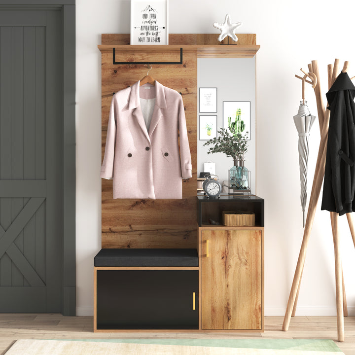 Vestiaire D'entrée Multifonctionnel Armoire à Chaussures, Portemanteau Et Miroir, Naturel - Vestiaire