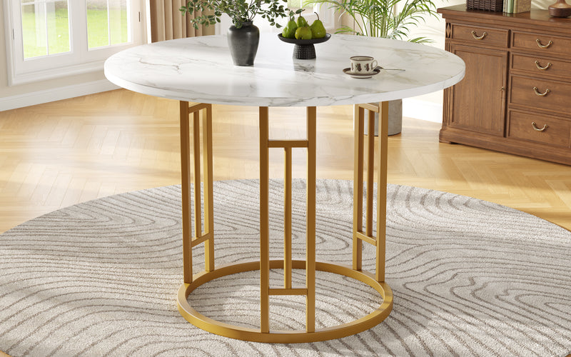 Table de salle à manger ronde effet marbre blanc pieds chic dorés NALPHETH
