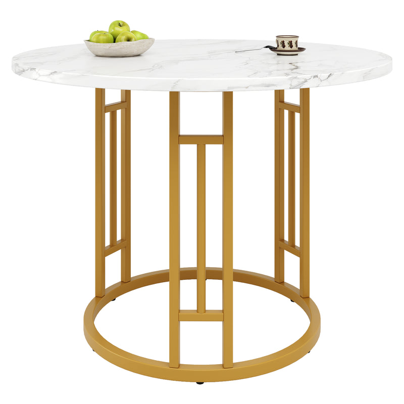 Table de salle à manger ronde effet marbre blanc pieds chic dorés NALPHETH