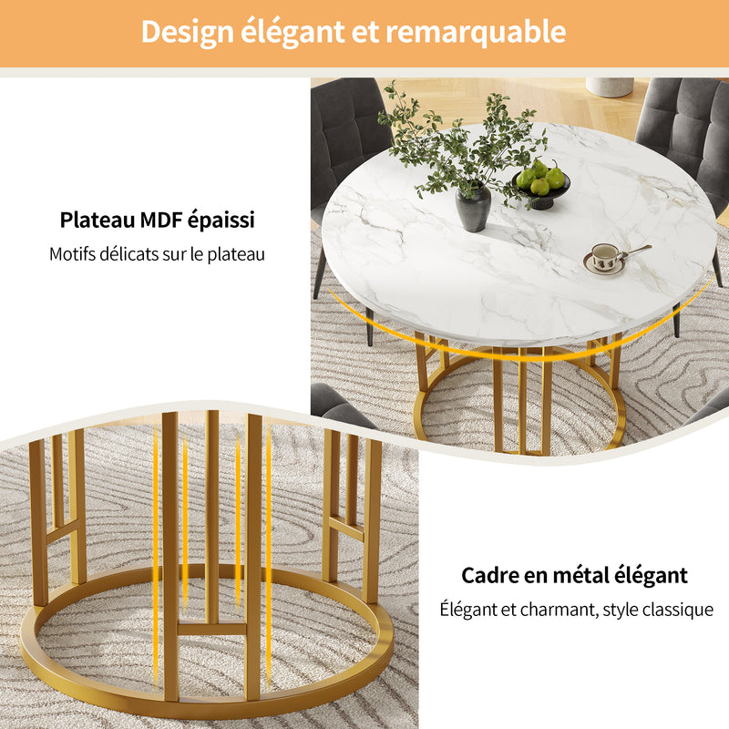 Table de salle à manger ronde effet marbre blanc pieds chic dorés NALPHETH