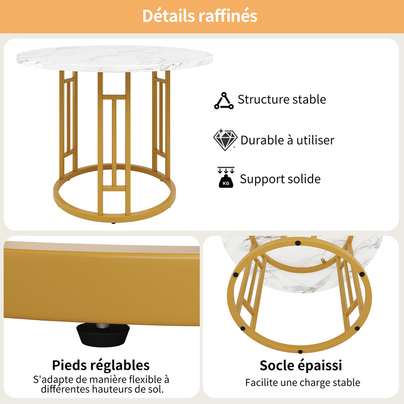 Table de salle à manger ronde effet marbre blanc pieds chic dorés NALPHETH
