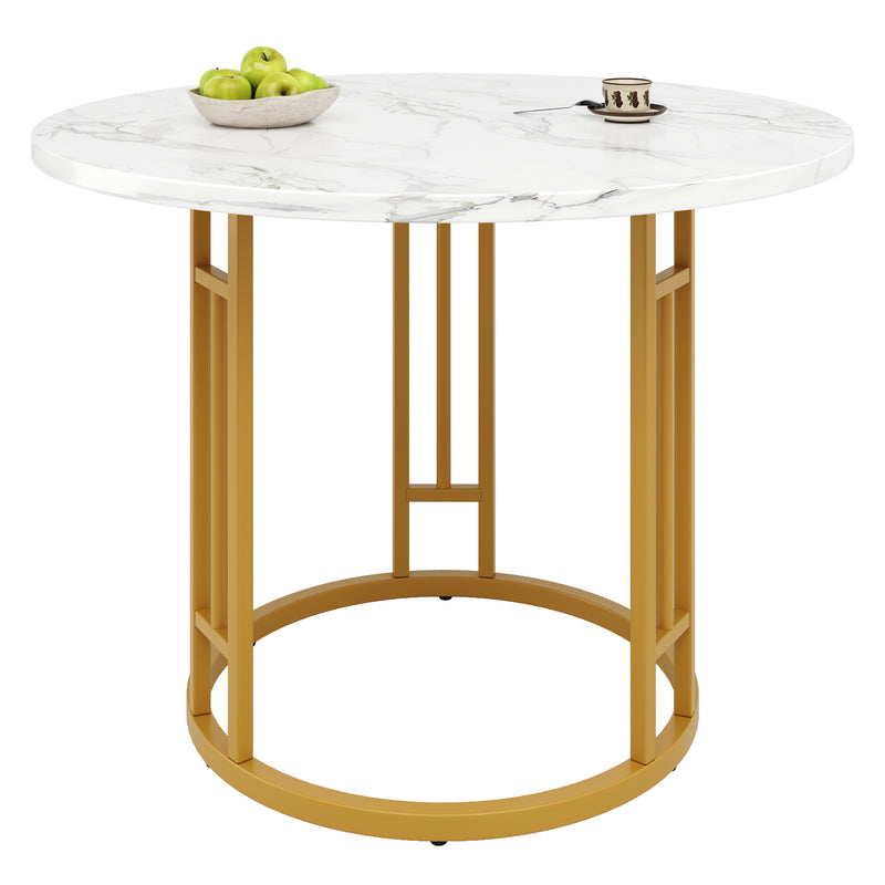 Table de salle à manger ronde effet marbre blanc pieds chic dorés NALPHETH
