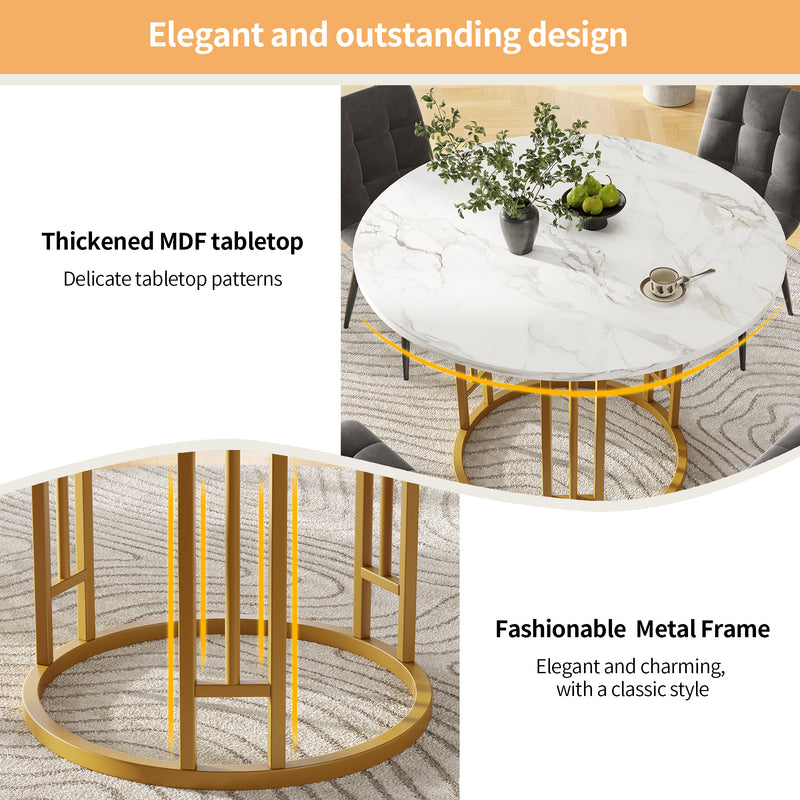 Table de salle à manger ronde effet marbre blanc pieds chic dorés NALPHETH
