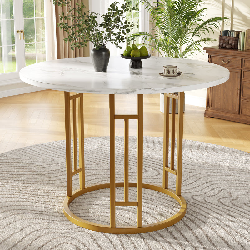 Table de salle à manger ronde effet marbre blanc pieds chic dorés NALPHETH