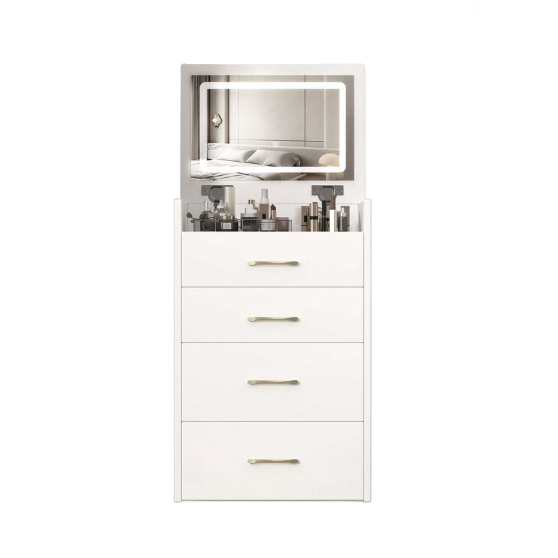 Coiffeuse compacte 3-en-1 avec miroir éclairé, rangement, finition blanc brillant et tabouret NECTARD