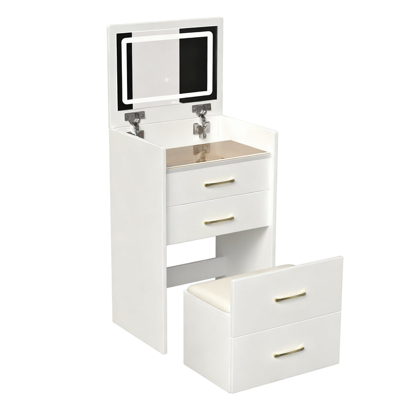 Coiffeuse compacte 3-en-1 avec miroir éclairé, rangement, finition blanc brillant et tabouret NECTARD