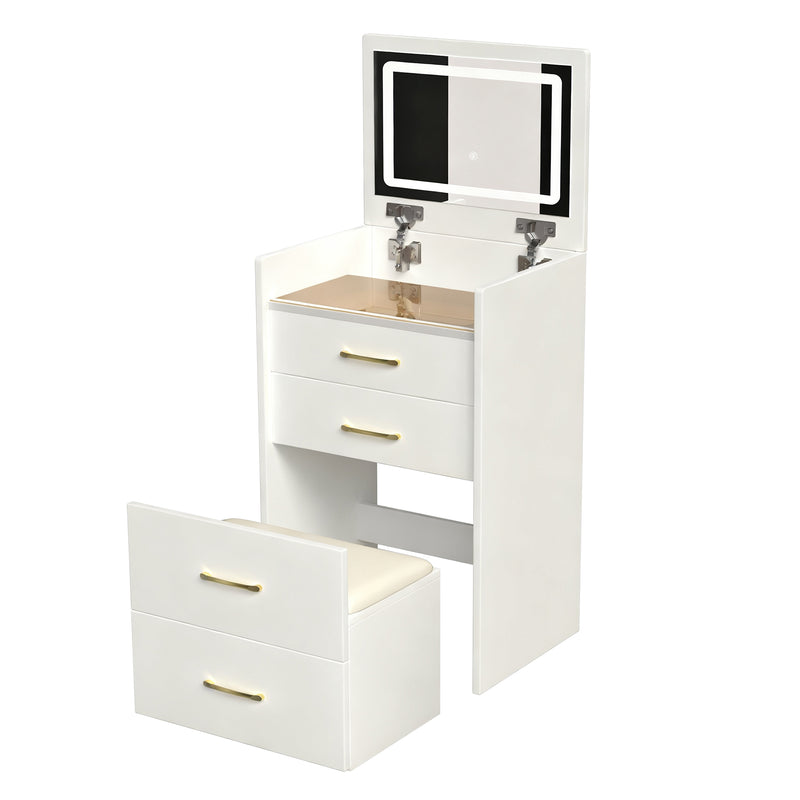 Coiffeuse compacte 3-en-1 avec miroir éclairé, rangement, finition blanc brillant et tabouret NECTARD