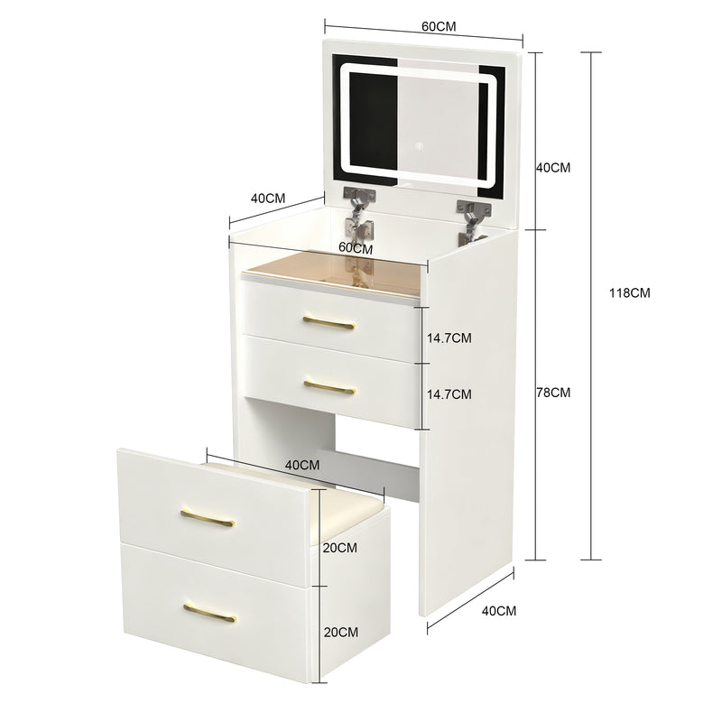 Coiffeuse compacte 3-en-1 avec miroir éclairé, rangement, finition blanc brillant et tabouret NECTARD
