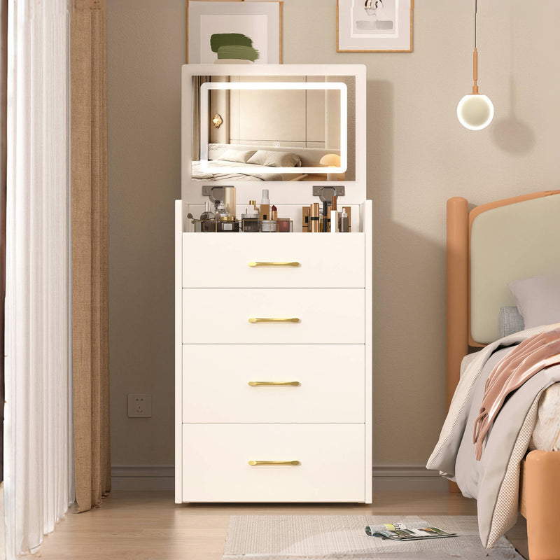 Coiffeuse compacte 3-en-1 avec miroir éclairé, rangement, finition blanc brillant et tabouret NECTARD