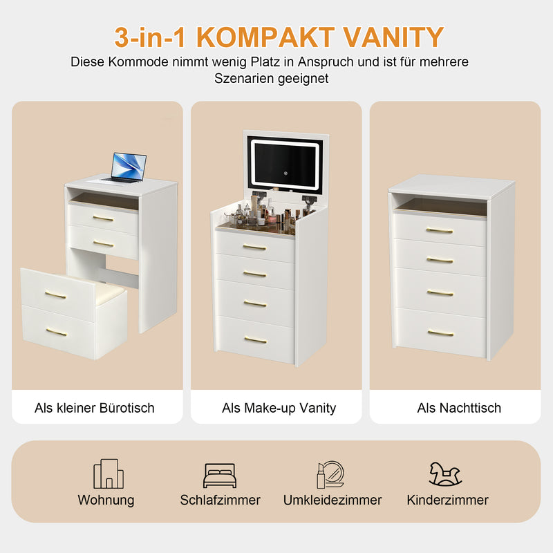 Coiffeuse compacte 3-en-1 avec miroir éclairé, rangement, finition blanc brillant et tabouret NECTARD