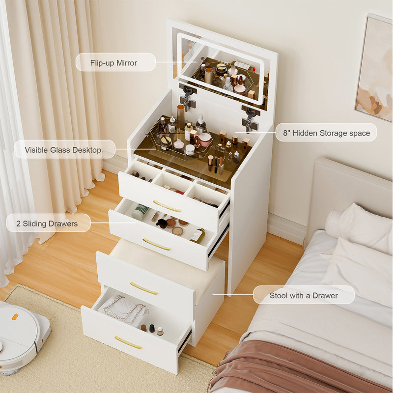 Coiffeuse compacte 3-en-1 avec miroir éclairé, rangement, finition blanc brillant et tabouret NECTARD