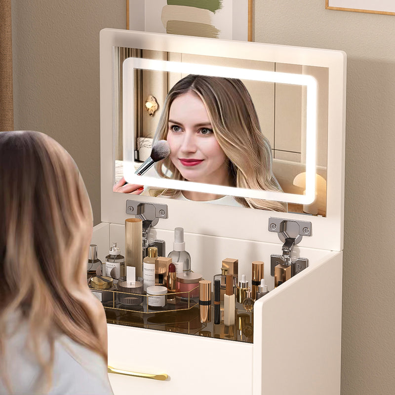 Coiffeuse compacte 3-en-1 avec miroir éclairé, rangement, finition blanc brillant et tabouret NECTARD