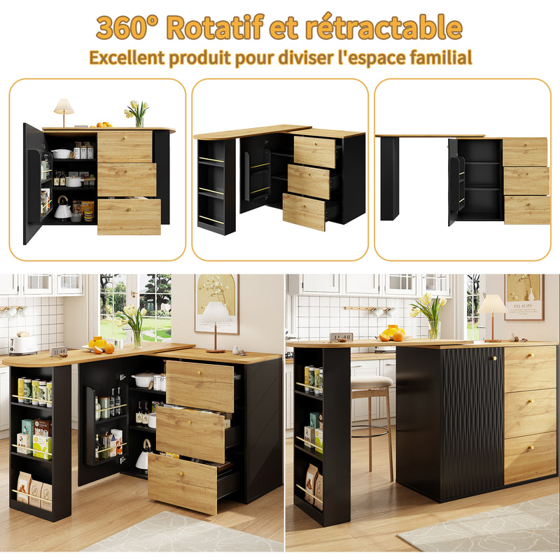 Table de bar extensible 360° noire et effet bois verre motif ondulé NESNAL