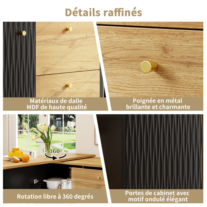 Table de bar extensible 360° noire et effet bois verre motif ondulé NESNAL