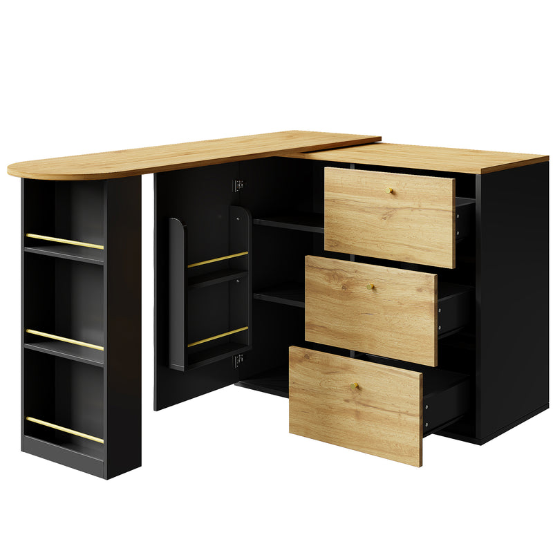 Table de bar extensible 360° noire et effet bois verre motif ondulé NESNAL