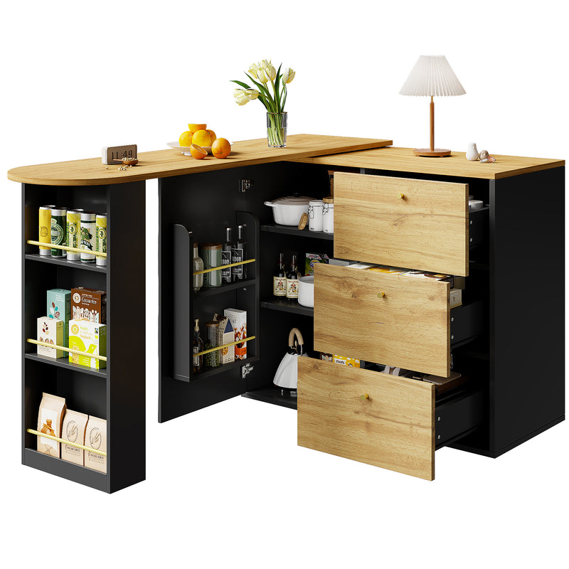Table de bar extensible 360° noire et effet bois verre motif ondulé NESNAL