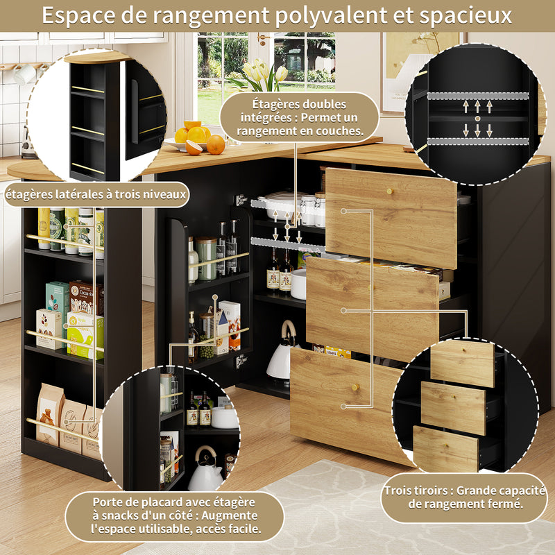 Table de bar extensible 360° noire et effet bois verre motif ondulé NESNAL