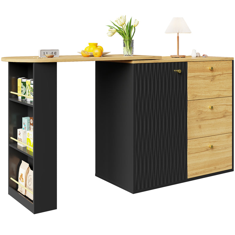 Table de bar extensible 360° noire et effet bois verre motif ondulé NESNAL