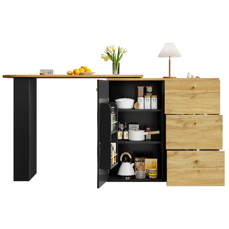 Table de bar extensible 360° noire et effet bois verre motif ondulé NESNAL