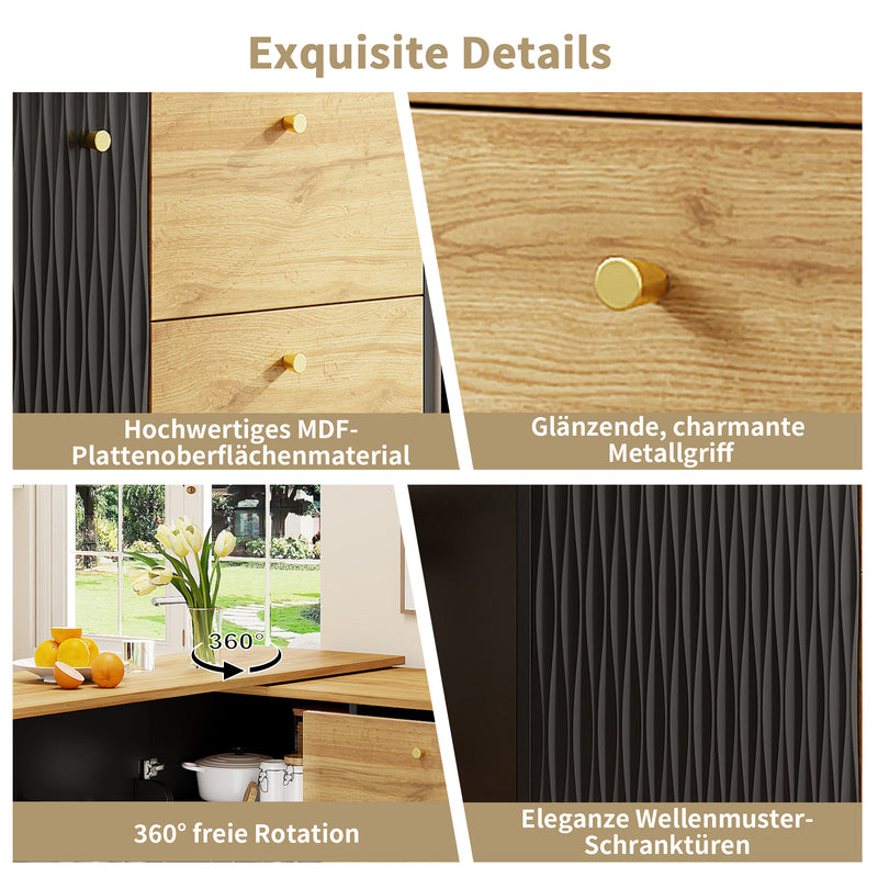 Table de bar extensible 360° noire et effet bois verre motif ondulé NESNAL