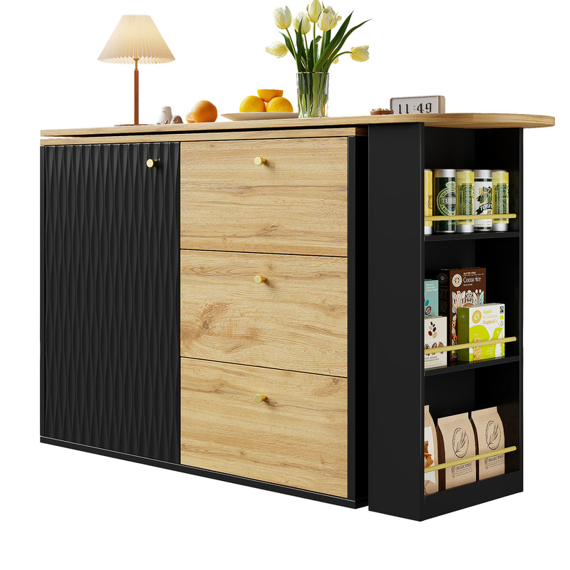 Table de bar extensible 360° noire et effet bois verre motif ondulé NESNAL