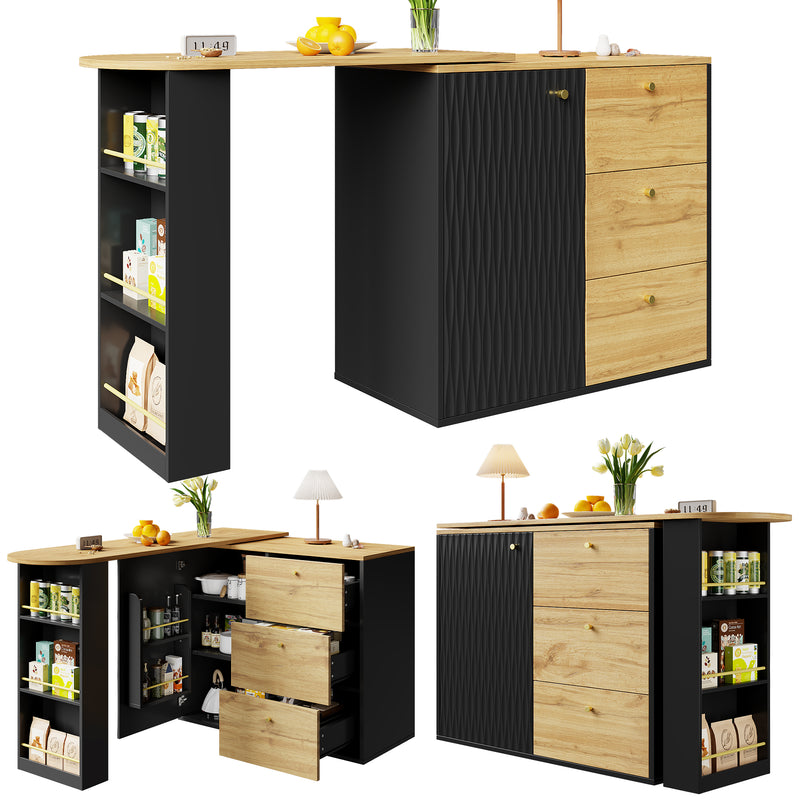 Table de bar extensible 360° noire et effet bois verre motif ondulé NESNAL