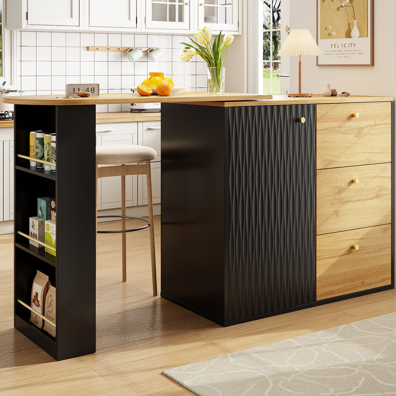 Table de bar extensible 360° noire et effet bois verre motif ondulé NESNAL