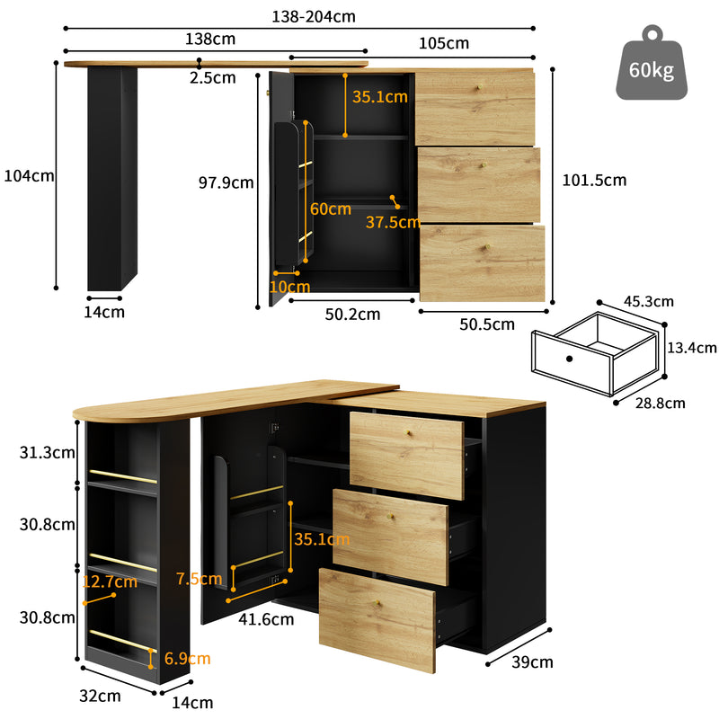 Table de bar extensible 360° noire et effet bois verre motif ondulé NESNAL