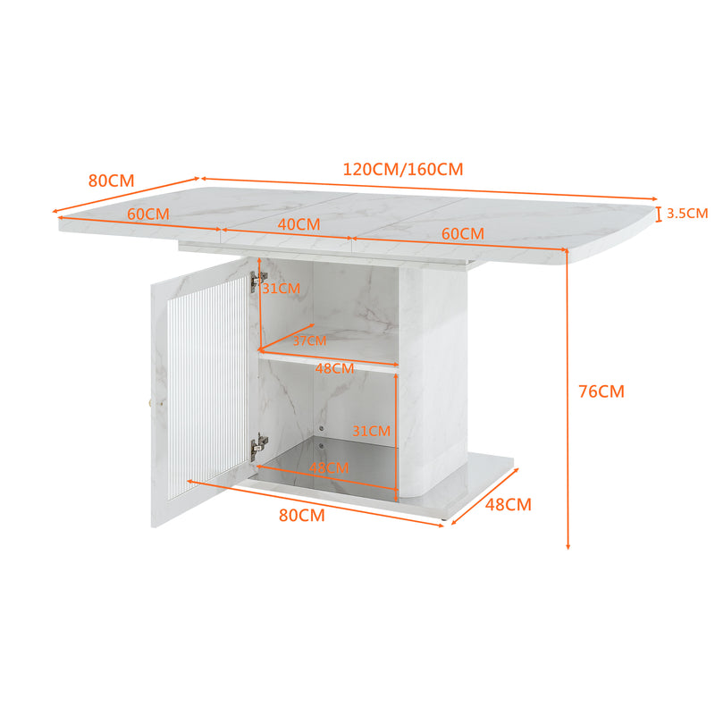 Table à manger rectangulaire extensible 120-160cm effet marbre blanc imprimé avec pied-armoire NEUROTOX