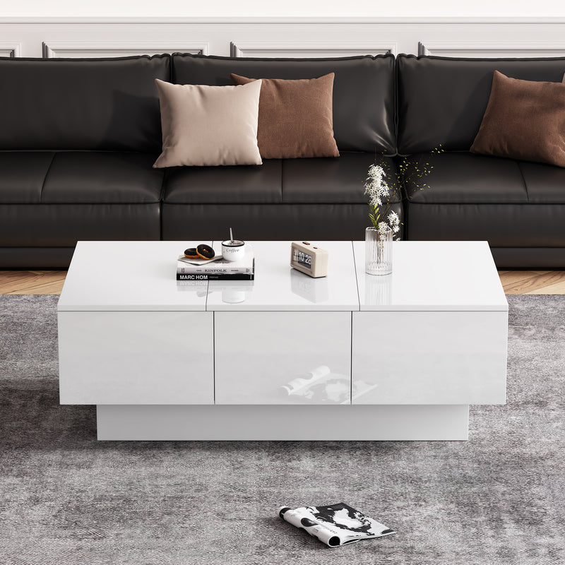 Table basse moderne blanche brillante avec plateau coulissant et 2 tiroirs 100x55x35cm NUTRIENT