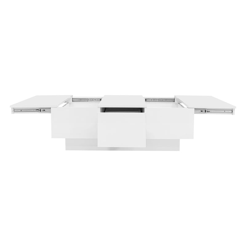 Table basse moderne blanche brillante avec plateau coulissant et 2 tiroirs 100x55x35cm NUTRIENT