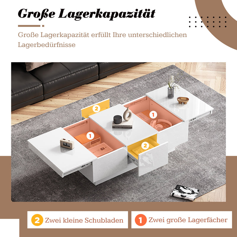 Table basse moderne blanche brillante avec plateau coulissant et 2 tiroirs 100x55x35cm NUTRIENT