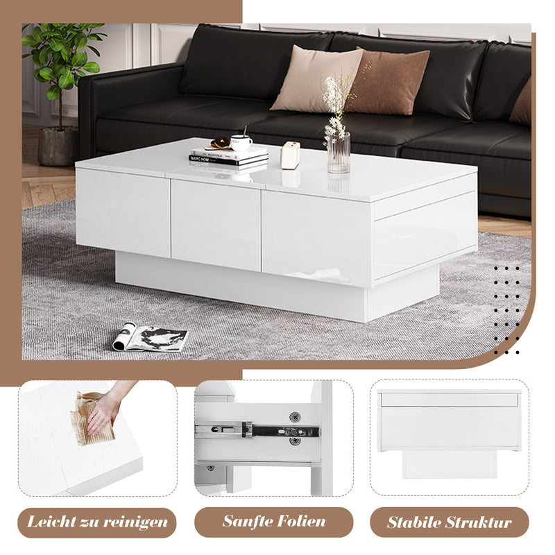 Table basse moderne blanche brillante avec plateau coulissant et 2 tiroirs 100x55x35cm NUTRIENT