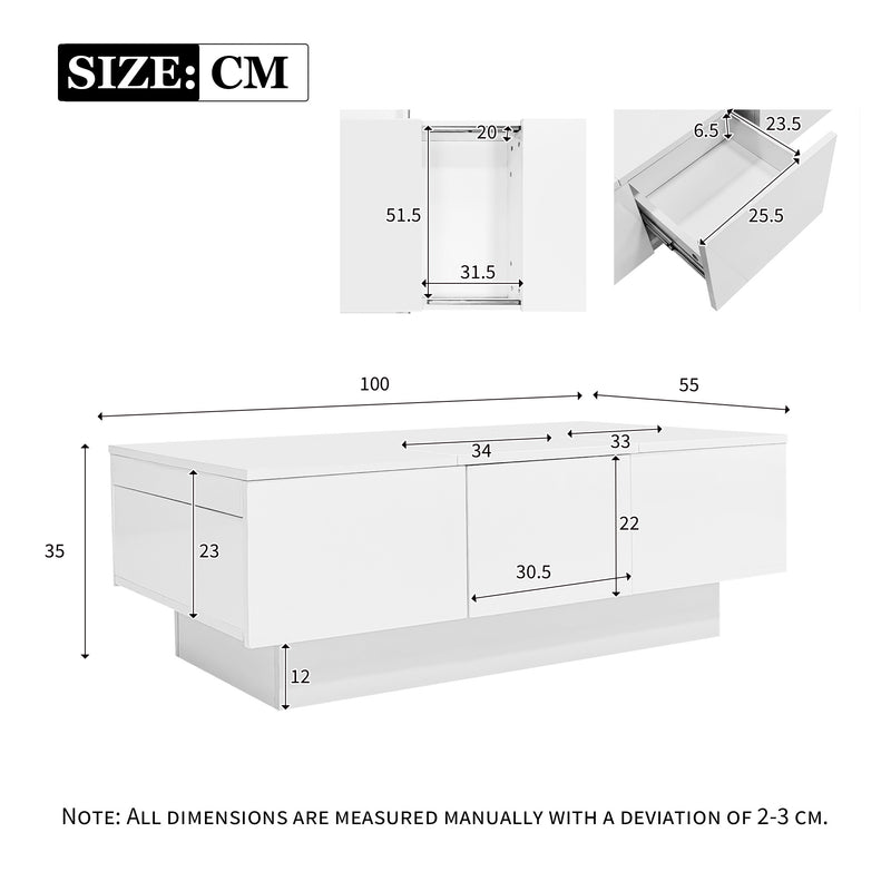 Table basse moderne blanche brillante avec plateau coulissant et 2 tiroirs 100x55x35cm NUTRIENT