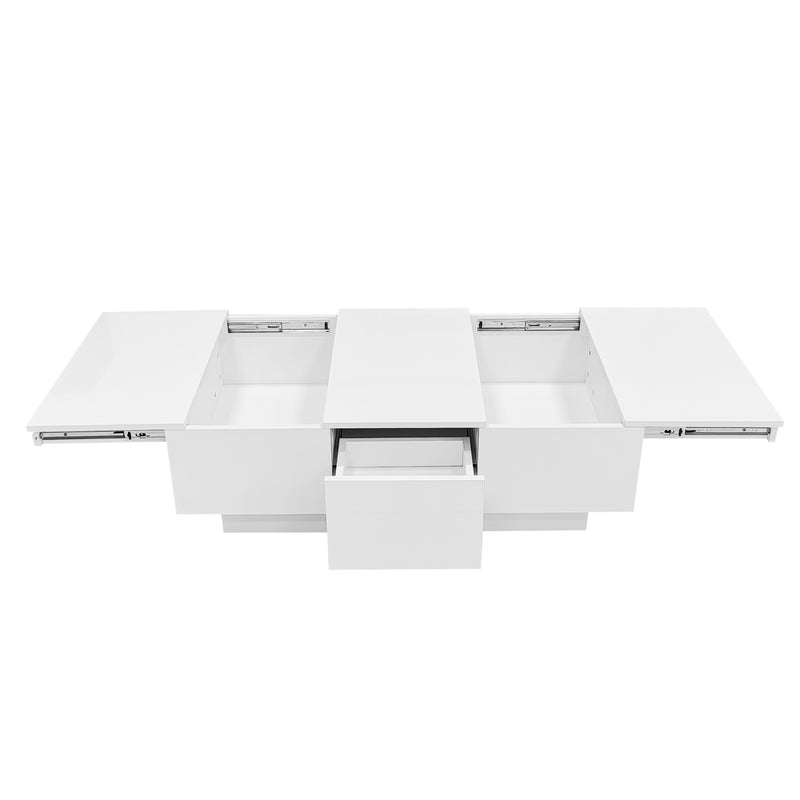 Table basse moderne blanche brillante avec plateau coulissant et 2 tiroirs 100x55x35cm NUTRIENT