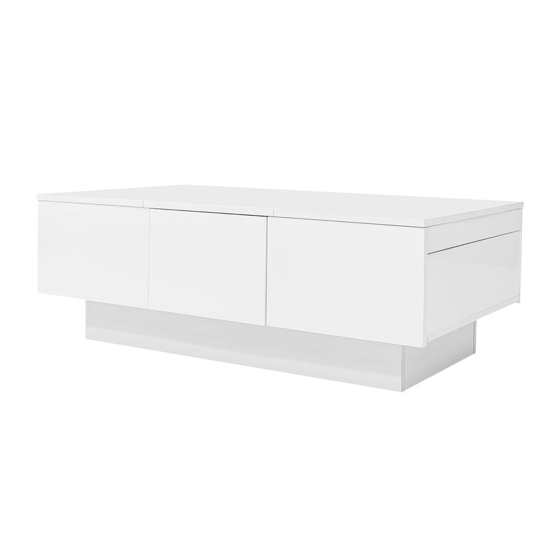 Table basse moderne blanche brillante avec plateau coulissant et 2 tiroirs 100x55x35cm NUTRIENT