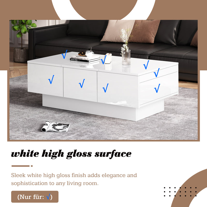Table basse moderne blanche brillante avec plateau coulissant et 2 tiroirs 100x55x35cm NUTRIENT