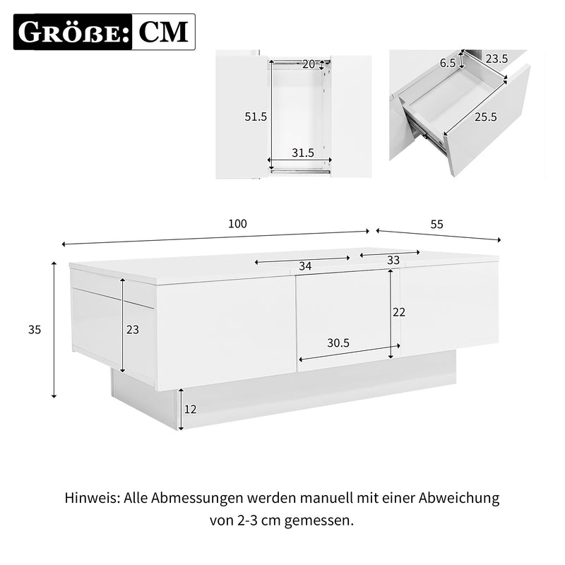 Table basse moderne blanche brillante avec plateau coulissant et 2 tiroirs 100x55x35cm NUTRIENT