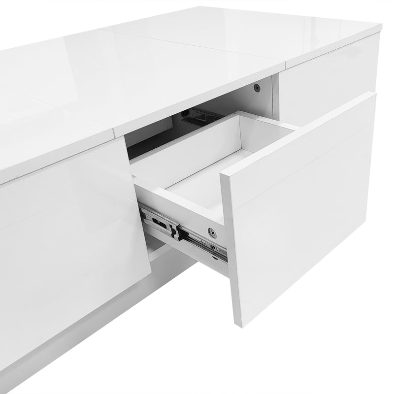 Table basse moderne blanche brillante avec plateau coulissant et 2 tiroirs 100x55x35cm NUTRIENT