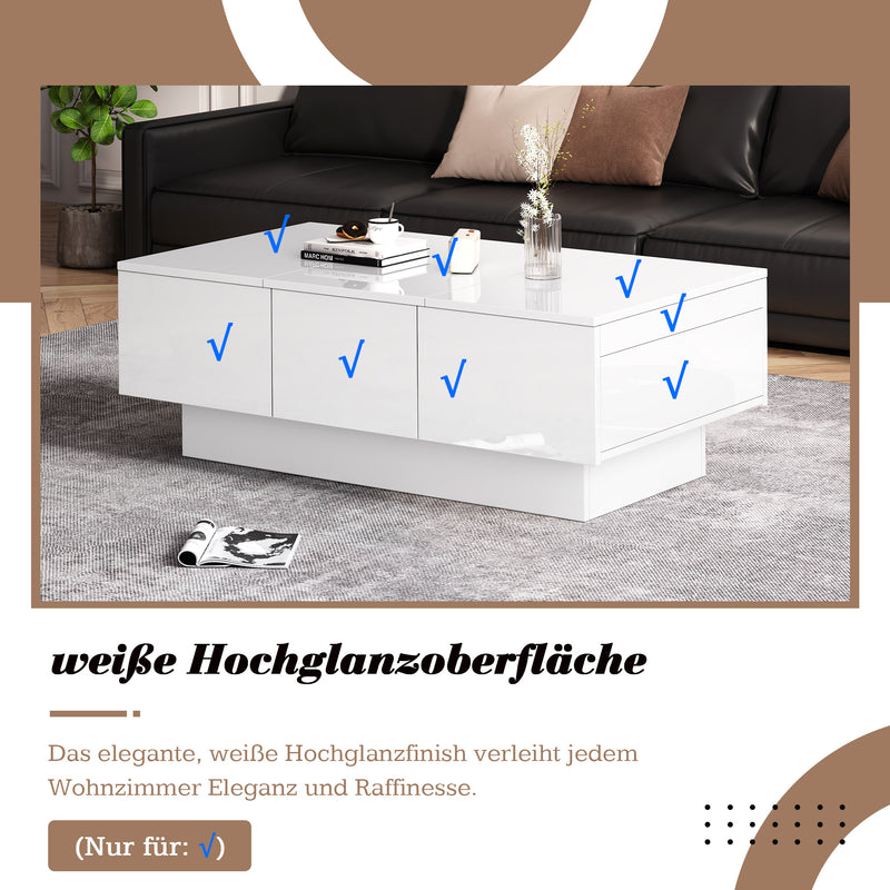 Table basse moderne blanche brillante avec plateau coulissant et 2 tiroirs 100x55x35cm NUTRIENT