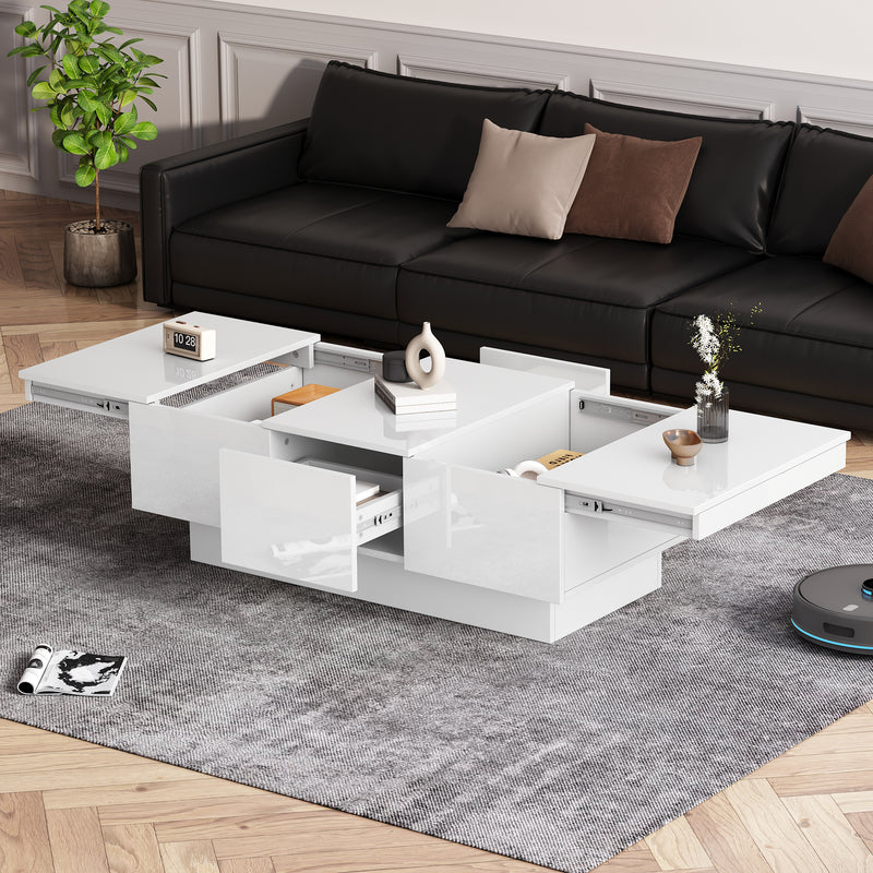 Table basse moderne blanche brillante avec plateau coulissant et 2 tiroirs 100x55x35cm NUTRIENT