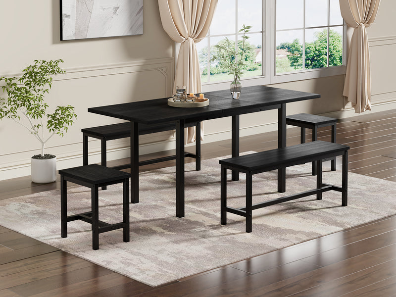 Ensemble de table extensible 120/160cm noir avec 2 bancs et 2 tabourets OHOL