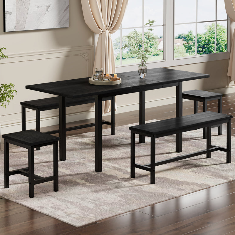Ensemble de table extensible 120/160cm noir avec 2 bancs et 2 tabourets OHOL