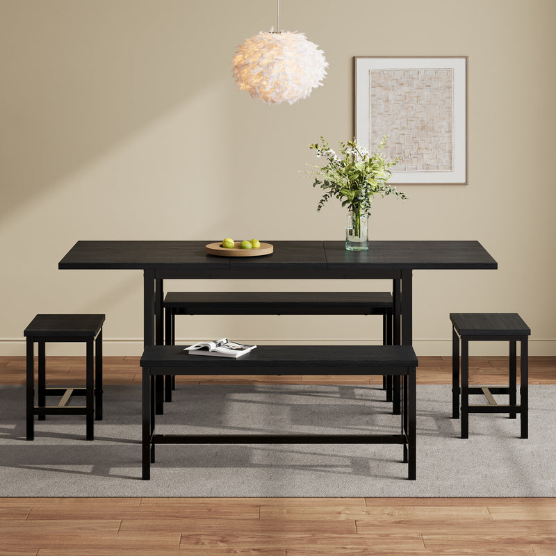 Ensemble de table extensible 120/160cm noir avec 2 bancs et 2 tabourets OHOL