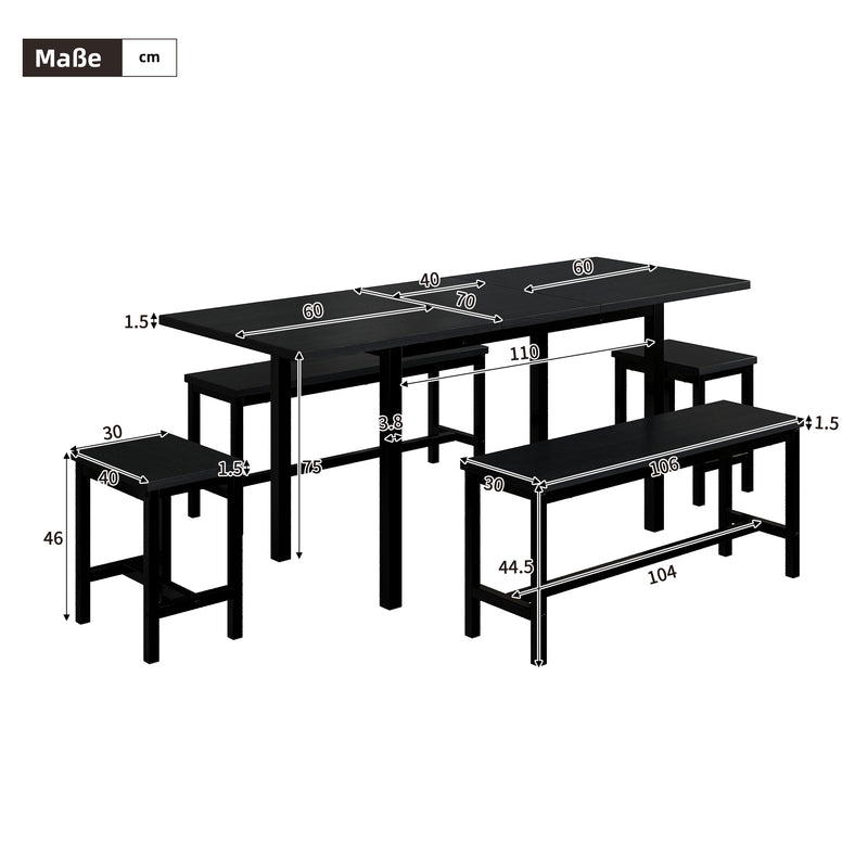 Ensemble de table extensible 120/160cm noir avec 2 bancs et 2 tabourets OHOL