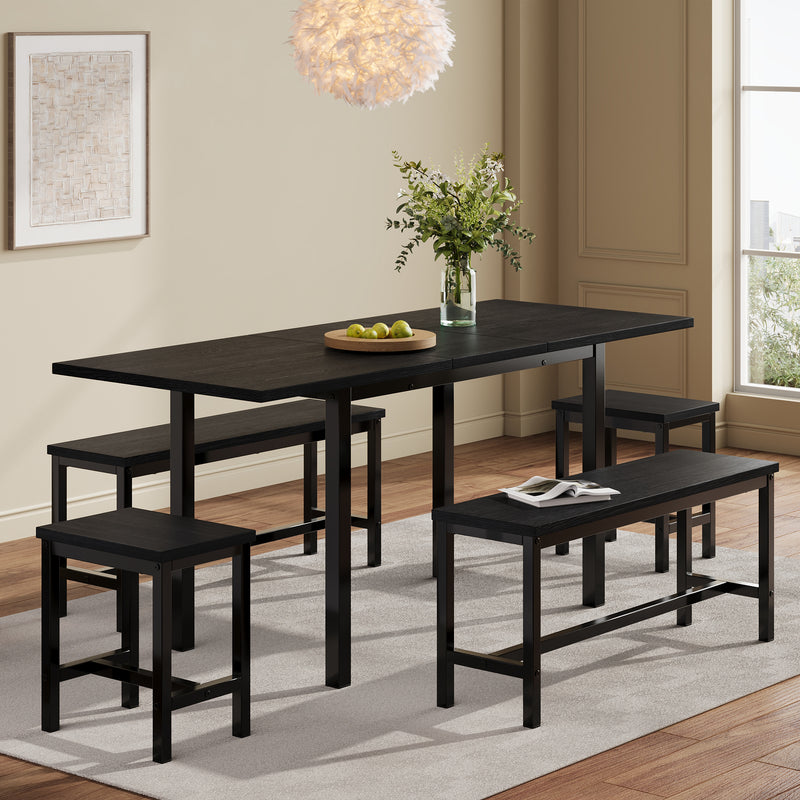Ensemble de table extensible 120/160cm noir avec 2 bancs et 2 tabourets OHOL