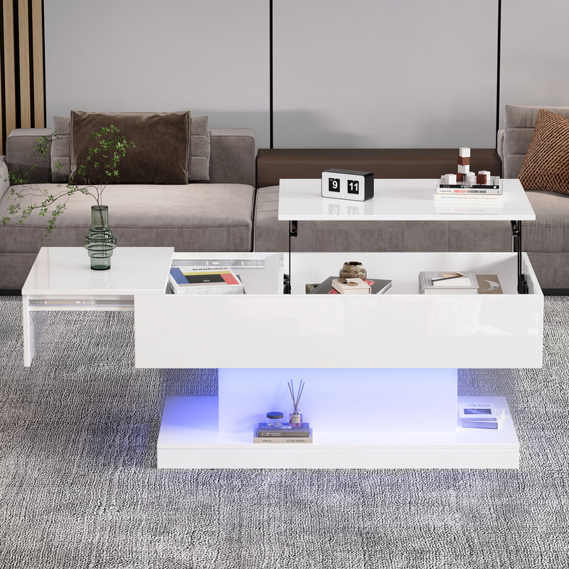 Table basse blanche relevable avec éclairage LED et 1 tiroir 100*50*45cm OIL